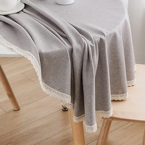 Miniatura 10 de Mantel redondo de lino sintético con ribete de encaje, mantel de arpillera de peso pesado sólido para banquetes, fiestas, cenas, cocina, bodas,