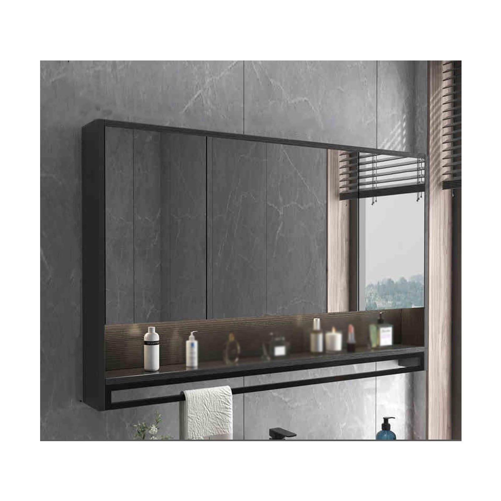SXFSDOU Wall-Mounted LED Bathroom Mirror Cabinet - Double Door Storage Cupboard with Lights, Black 60cm/23.6in, Modern Vanity nizer for Stylish Decor
