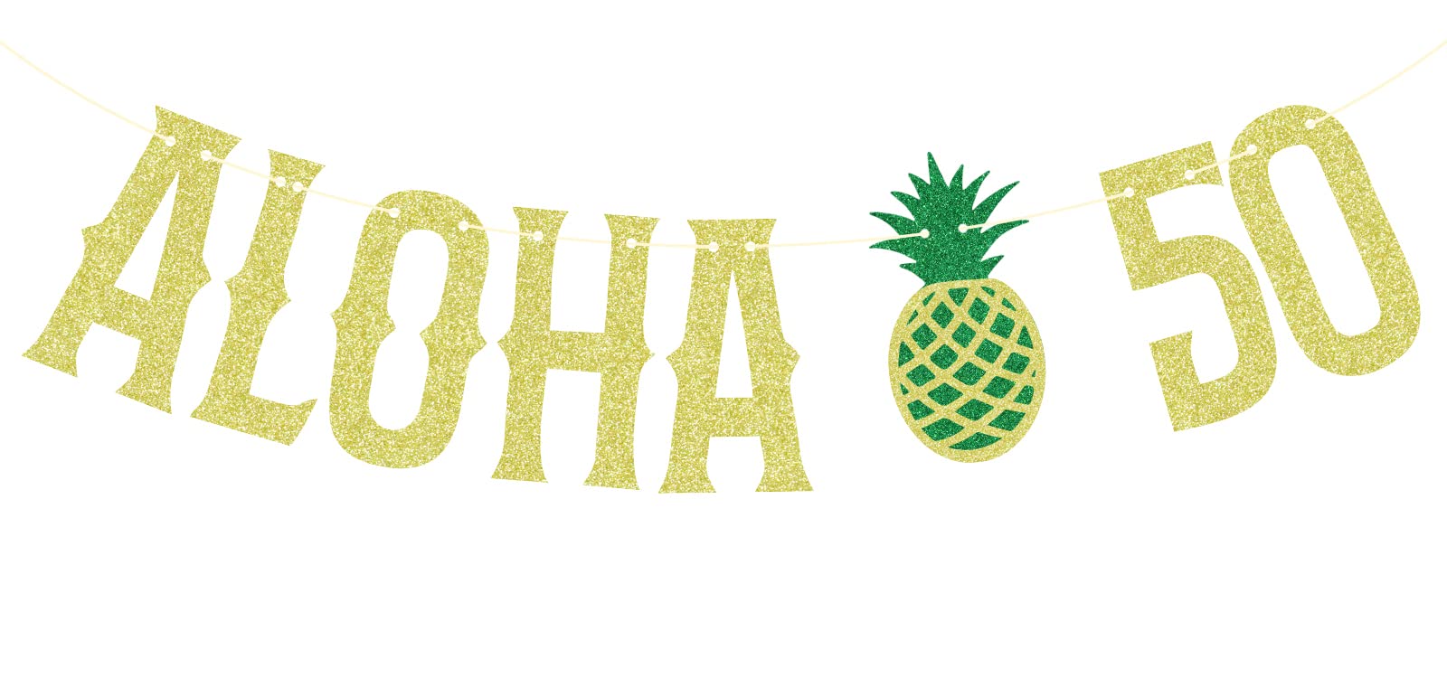 Aloha 50 Banner - Hawaiian 50th Birthday Decor, Tropical Luau Party Decorations Gold Green Glitter - View #4