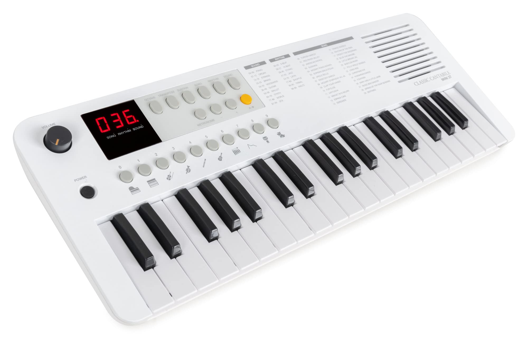 Classic Cantabile MINI-37 Clavier blanc-gris, 37 mini-touches, 100 rythmes | 100 sons (répartis en 10 groupes), 30 chansons (la voix mélodique peut être coupée), Polyphonie 32 notes, Bouton de volume
