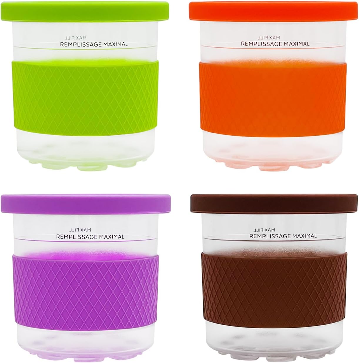 4 Pack Replacement Ice Cream Maker Pints with Silicone Sleeve and Silicone Lids,Compatible with Ninja Ice Cream Makers NC301 NC300 NC299AMZ Series(Green/Orange/Purpel/Coffee)