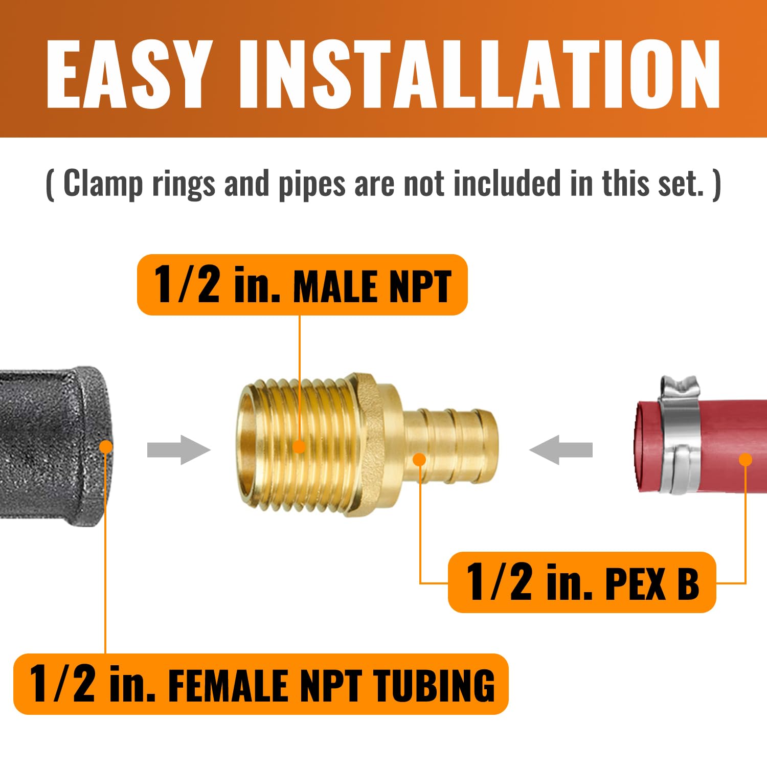 SUNGATOR Confezione da 6 adattatori filettati PEX 1/2" x 1/2" NPT maschio filettati a crimpare, senza piombo in ottone