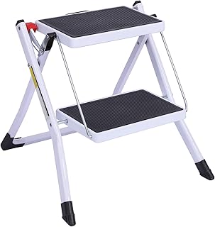 CAMPMOON Small Step Ladder for Kitchen, Sturdy Folding 2 Step Stool for Adults with Wide Anti-Slip Pedal, White