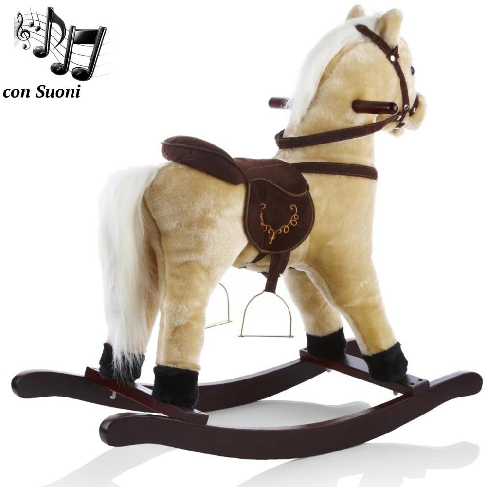 BAKAJI Cavallo a Dondolo per Bambini con Suoni Realistici, Animale che Nitrisce e Muover la Bocca, Pony Beige con Struttura in Legno e Rivestimento in Morbido Tessuto, Gioco Idea Regalo