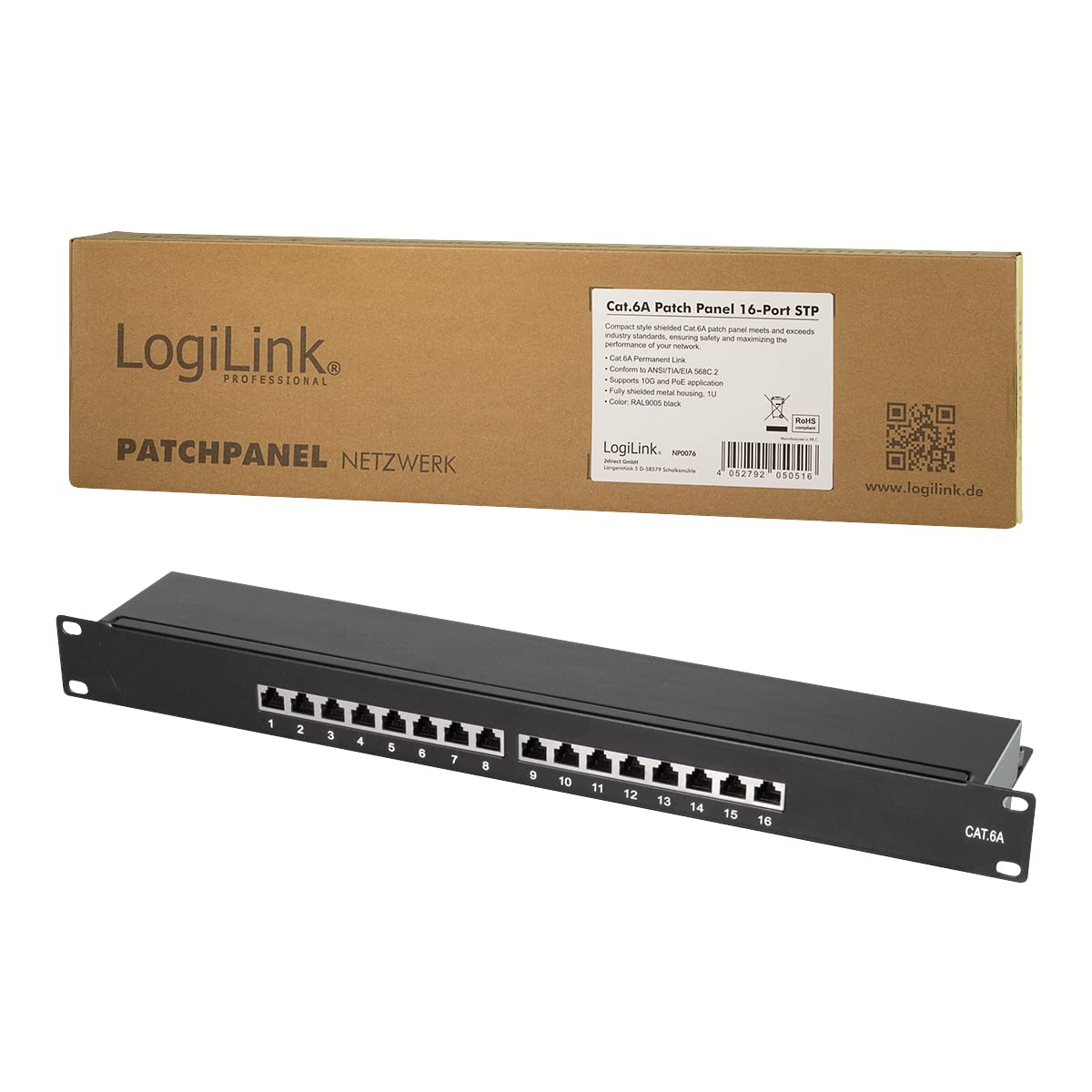 LogiLink Professional NP0076 panel krosowo-rozdzielający Cat 6A z 16 portami, PoE i PoE+, (1 jednostka wysokości), czarny