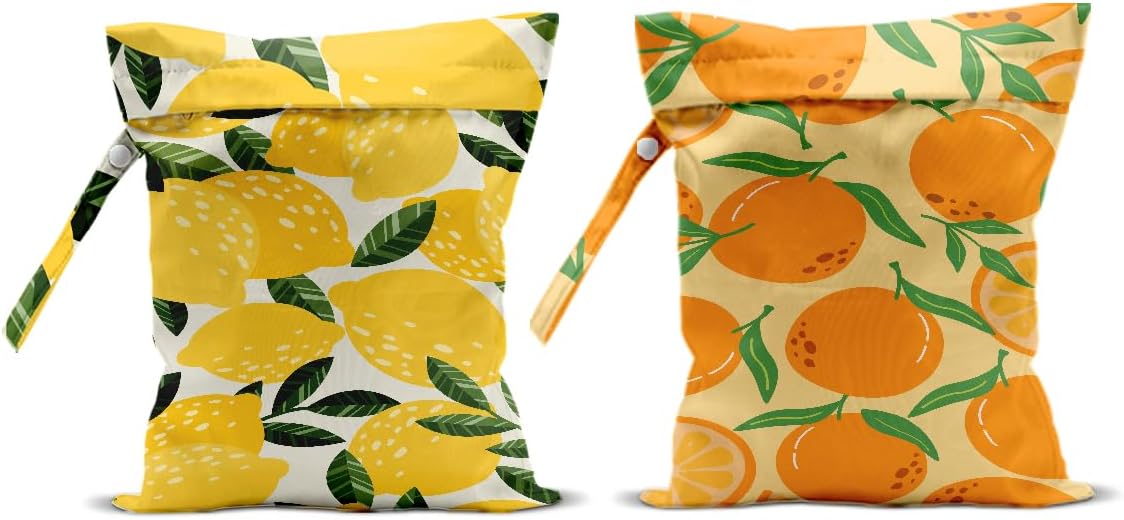 2Pcs Lemon Orange Print Wet Bags, Wet Dry Bag Reusable for Swimsuit, Travel, Diapers, Beach, Dirty Yoga Gym Clothes, Toiletries, Makeup Bag, Waterproof Birthday Christmas Gifts