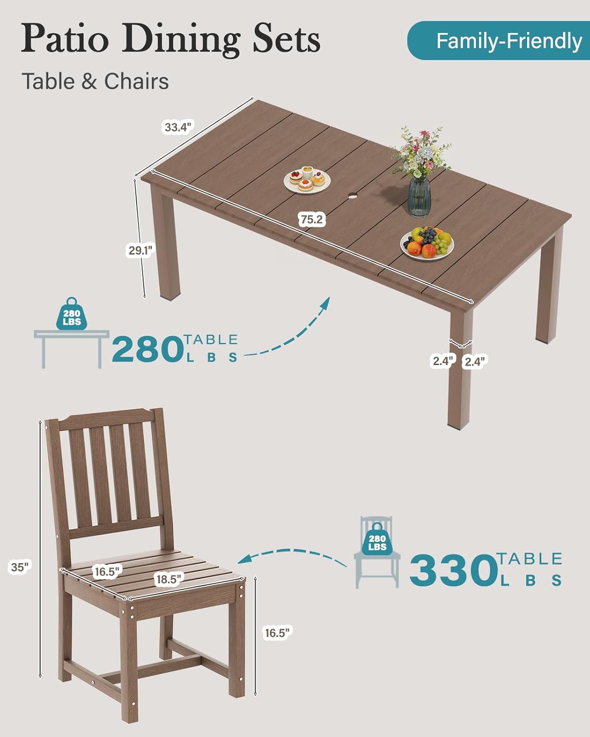LOUNZY 9 Pieces Patio Dining Sets, Outdoor HDPE Furniture Set for 8 w/ 2" Hole Cut-Out Dining Table with 8 Patio Chairs(2 W/Armrest, 6 w/o Armrest), Brown