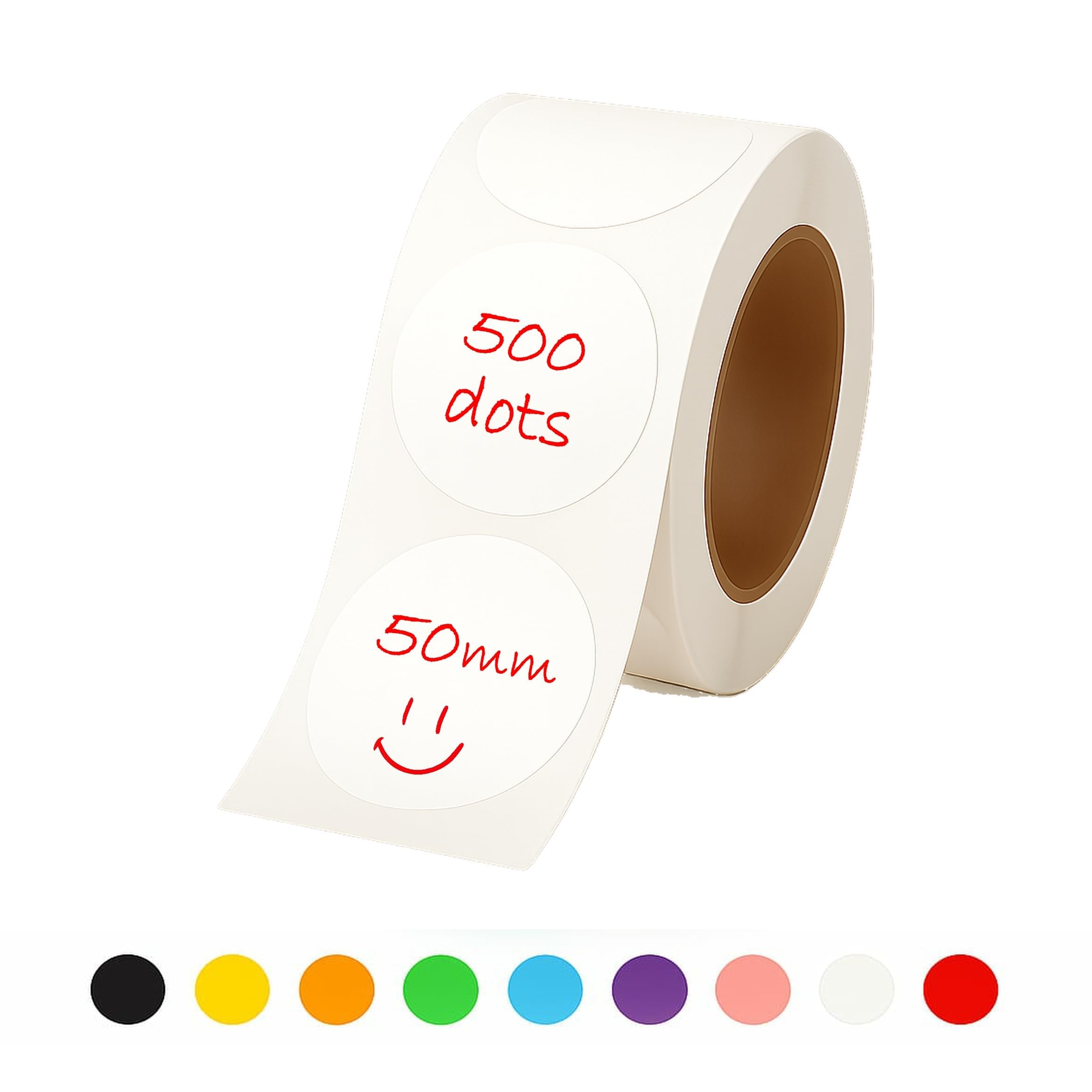 Rubigo 50mm Coloured Circle Stickers, 500 Round Stickers - 10 Colours, Writable, Durable Sticky Labels on a Roll for Moving House, Warehouse, Crafts. Semi Gloss (Pure White)