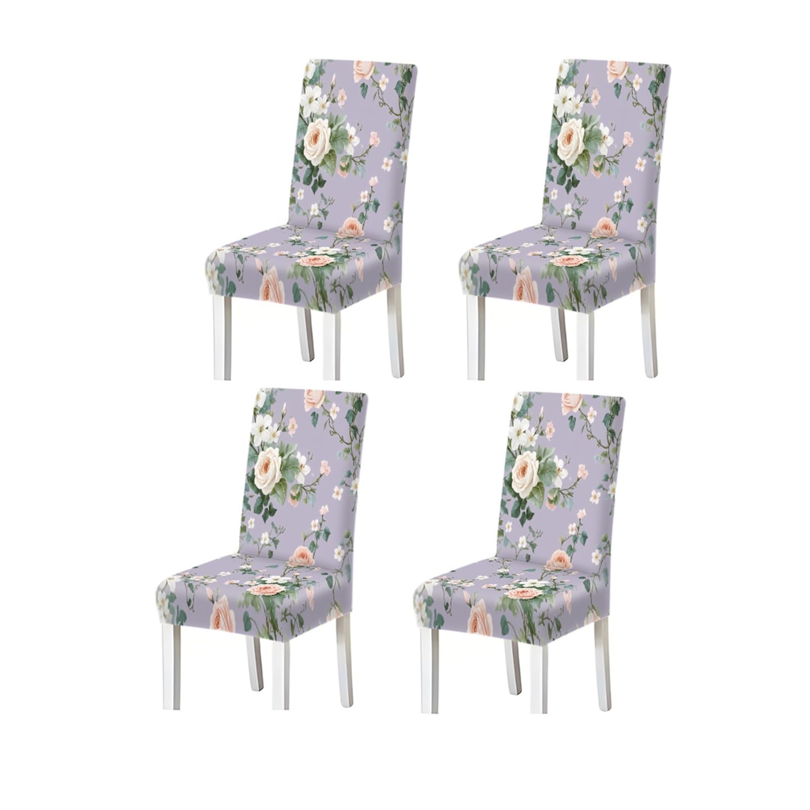 KXUAUV Lavender Pink White Rose Floral Print Dining Chair Covers, Stretch Slipcovers For Home Kitchen Dining Room Party, 2/4/6PCS Seat Protectors for Restaurant Hotel Party(4PCSChair cover)