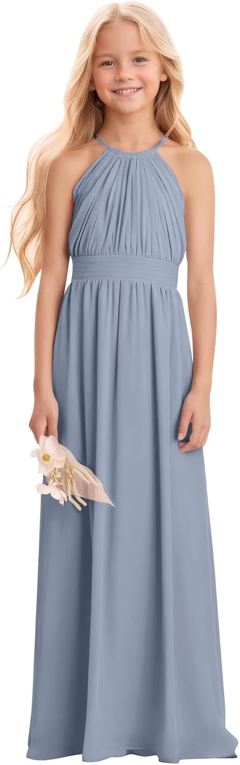 Kids Girls Junior Bridesmaid Dresses Chiffon A-line Long Flower Girl Dress for Wedding Party Pageant Gown