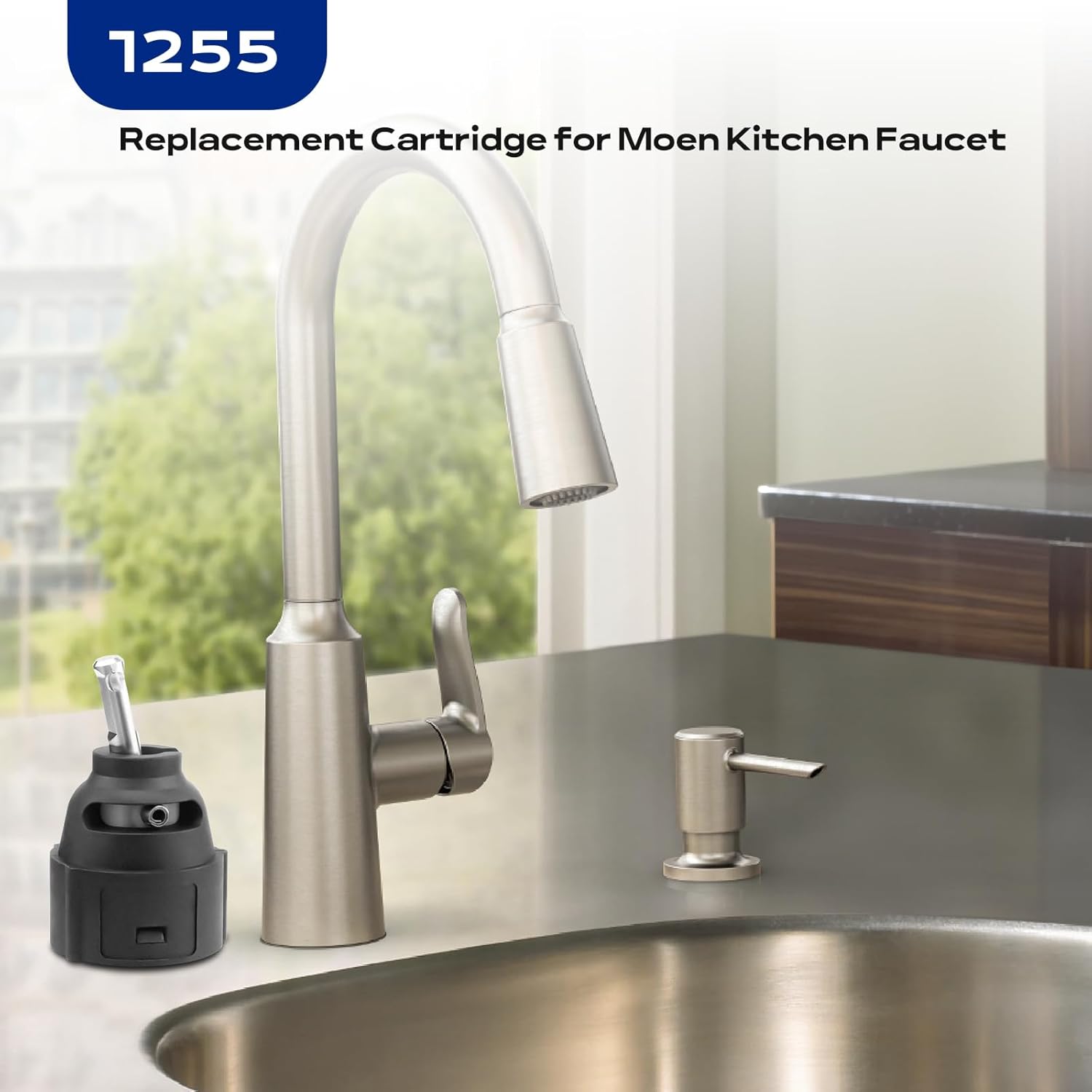 1255 Replacement Cartridge for Moen Kitchen Faucet, Single Handle Cartridge with Leak-Proof Design for Duralast, with Stainless Steel Lever