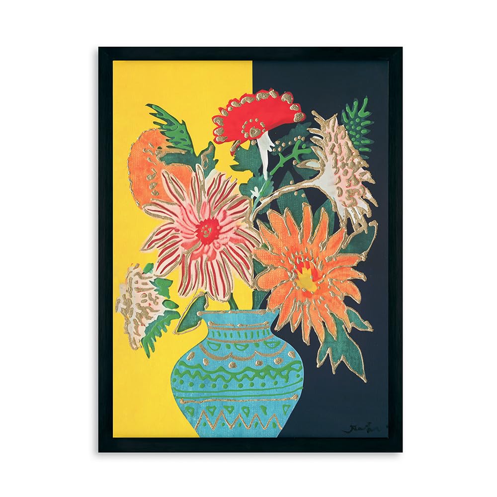 Yidepot Yellow Black Flowers Wall Decor - 12"x15" Vase Flower Boho Vintage Flower Pictures Fake Black Frame Colorful Art Work for Bedroom Walls Fake
