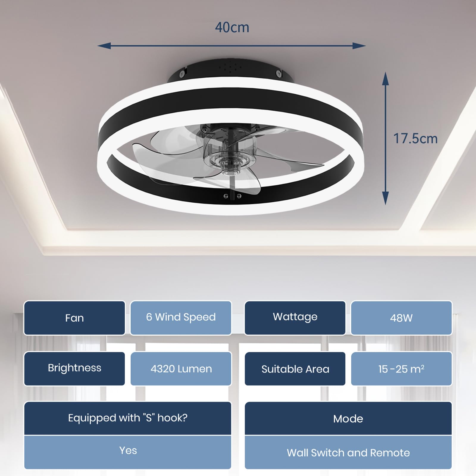 Nalezuns LED Deckenventilator mit Beleuchtung, 3 Farbtemperaturen, 6 Geschwindigkeiten, Fernbedienung, dimmbar