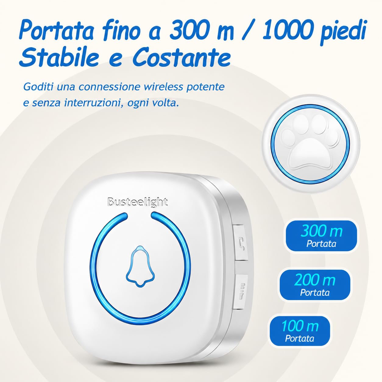 A6 Wt Campanello Intelligente per Cani Senza Fili 300 m – Pulsante per Cani Touch con LED, 60 Melodie, Impermeabile, Sistema di Comunicazione per Animali Domestici (1 campanello e 2 ricevitori)