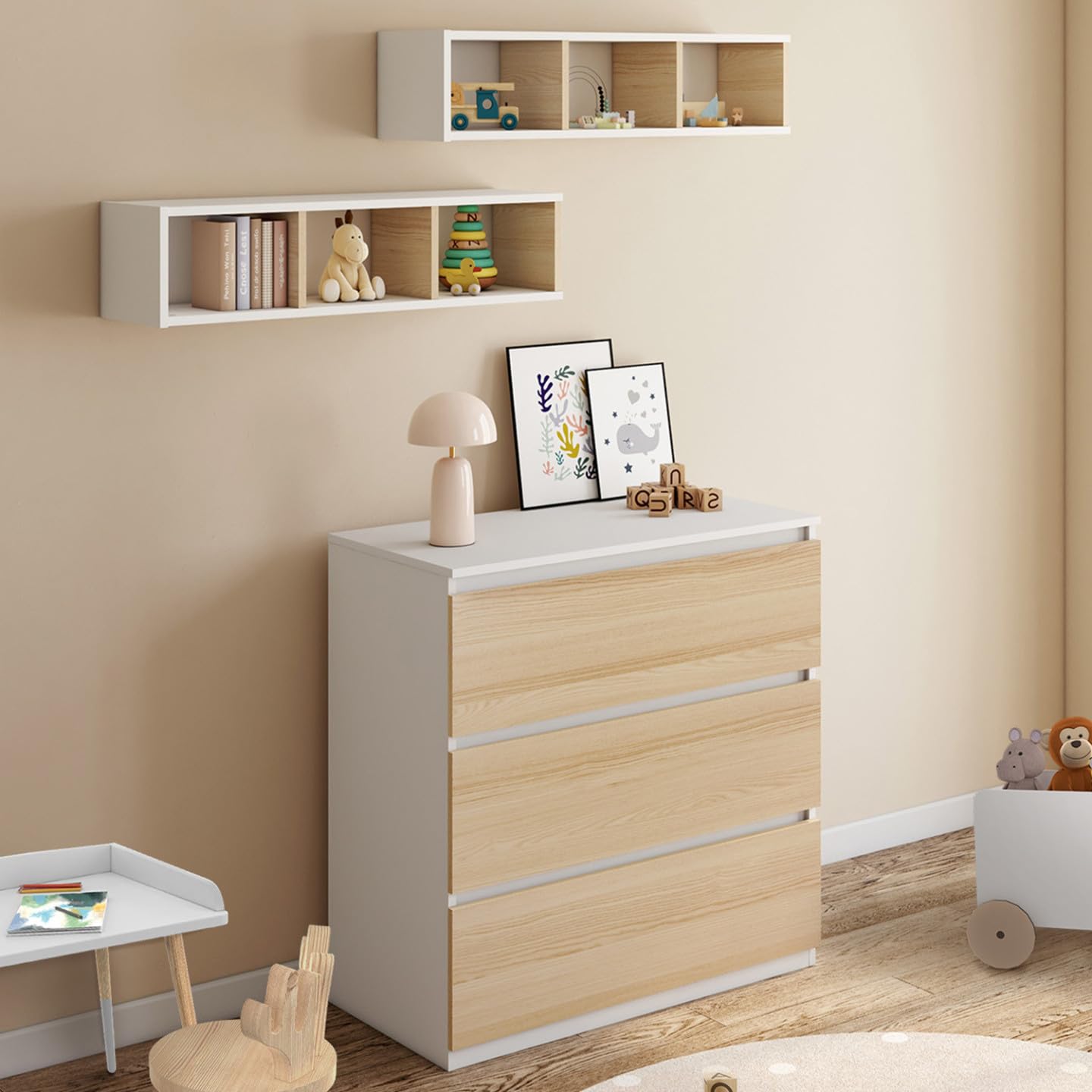 IDMarket - Cassettiera AMBRE, finitura faggio e bianco 3 cassetti, fasciatoio e 2 ripiani estraibili