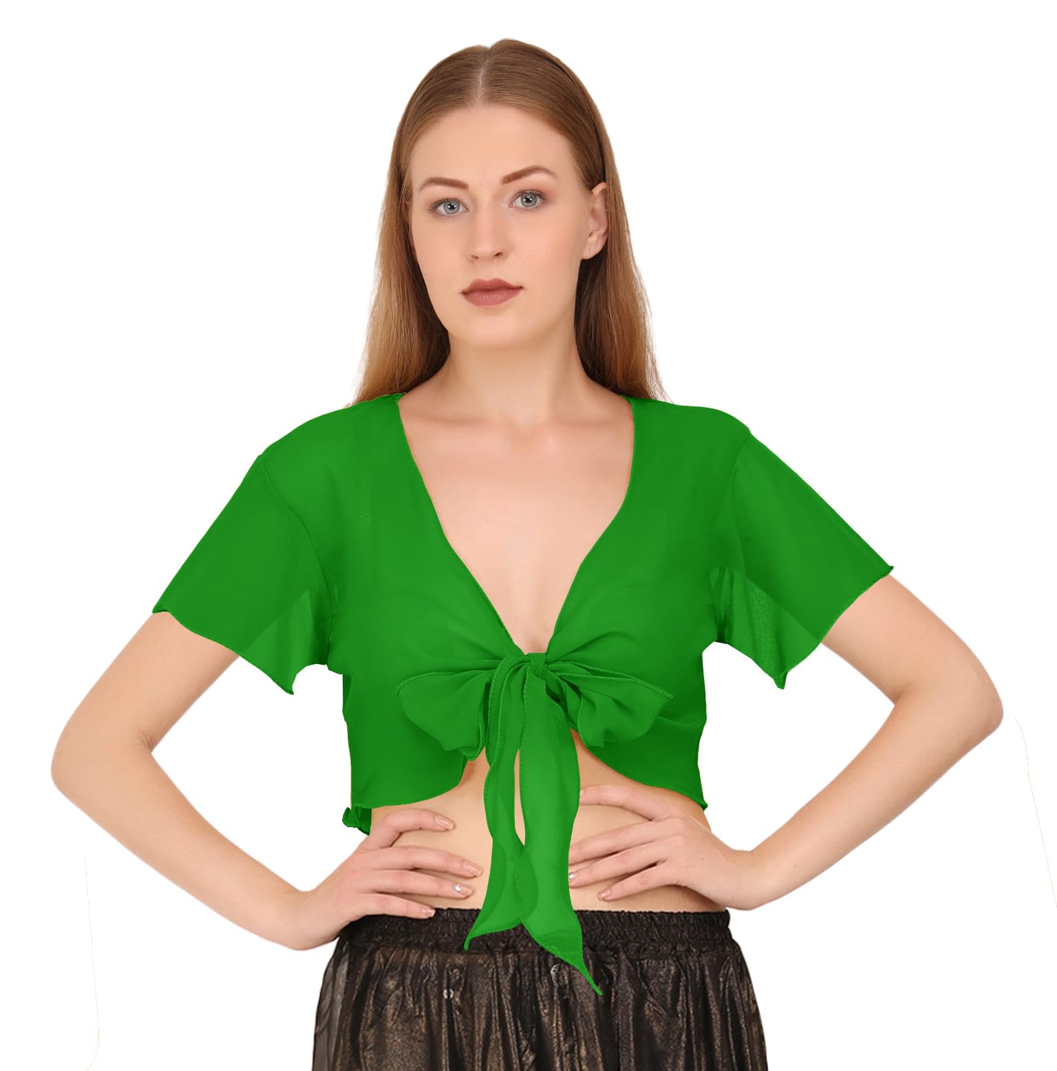Indian Trendy Women's Chiffon Short Sleeve Tie Top Choli Blouse Belly Dance Gypsy Tie Front Cardigan Tops