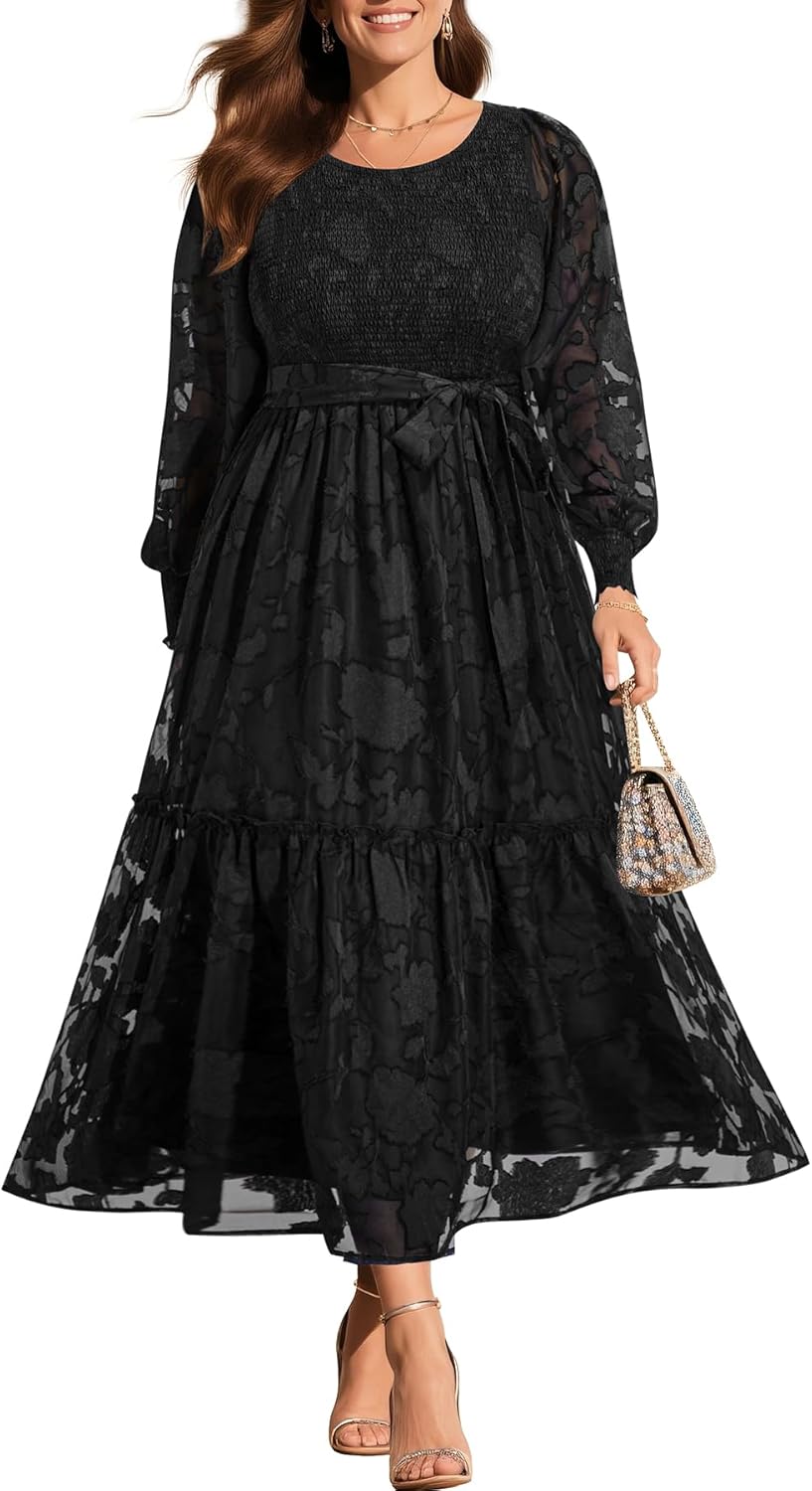 Pinup Fashion Plus Size Fall Dress - 2025 Wedding Guest Long Sleeve Floral Lace Long Dress with Belt