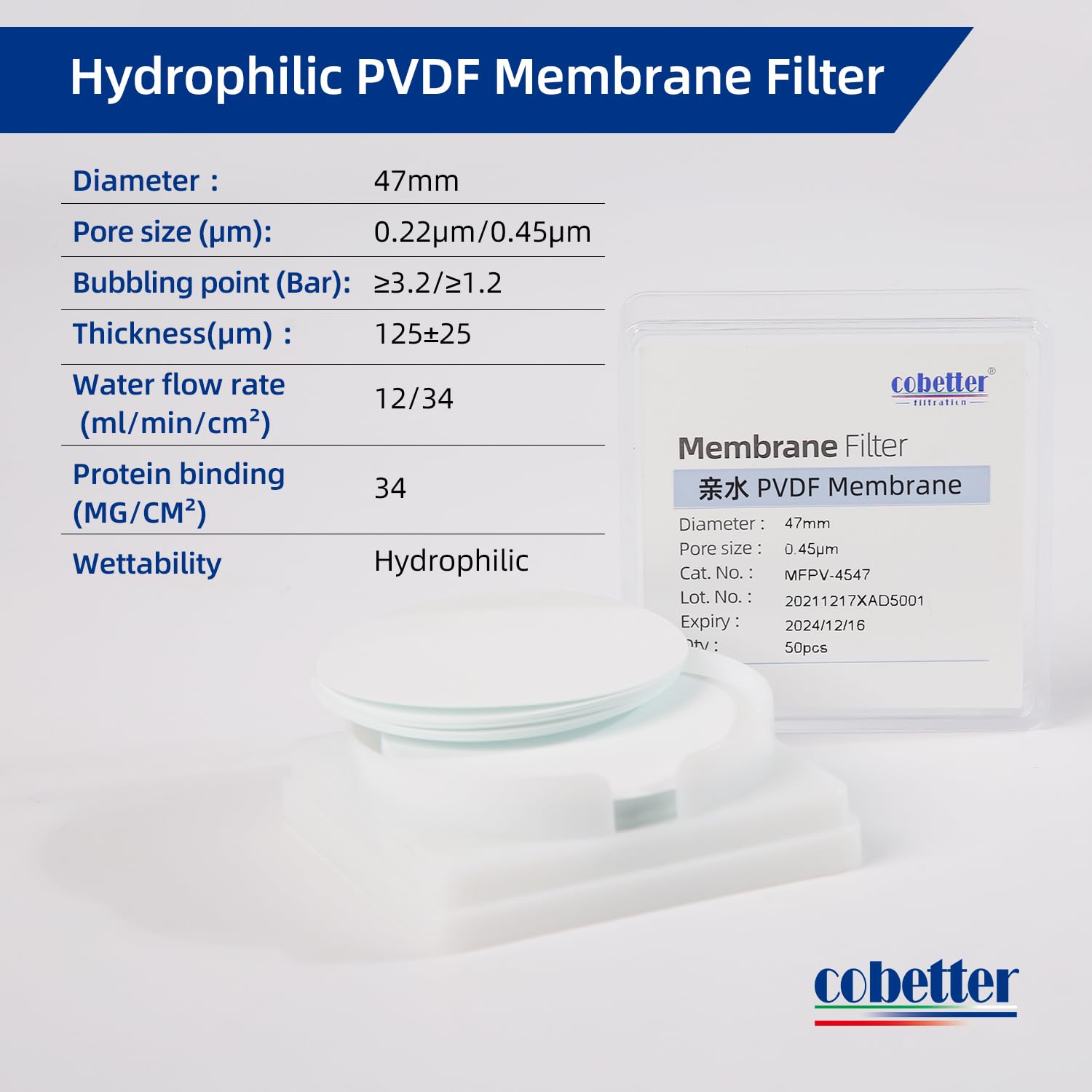 COBETTER 100 Pieces/Pack PVDF Disc Membrane Filters Hydrophilic 47mm Diameter 0.45µm Pore Size