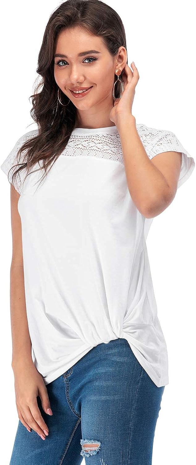 LUSMAY Womens Casual Short Sleeve Lace T Shirts Loose Twist Knot Front Blouse Tops - Image 2