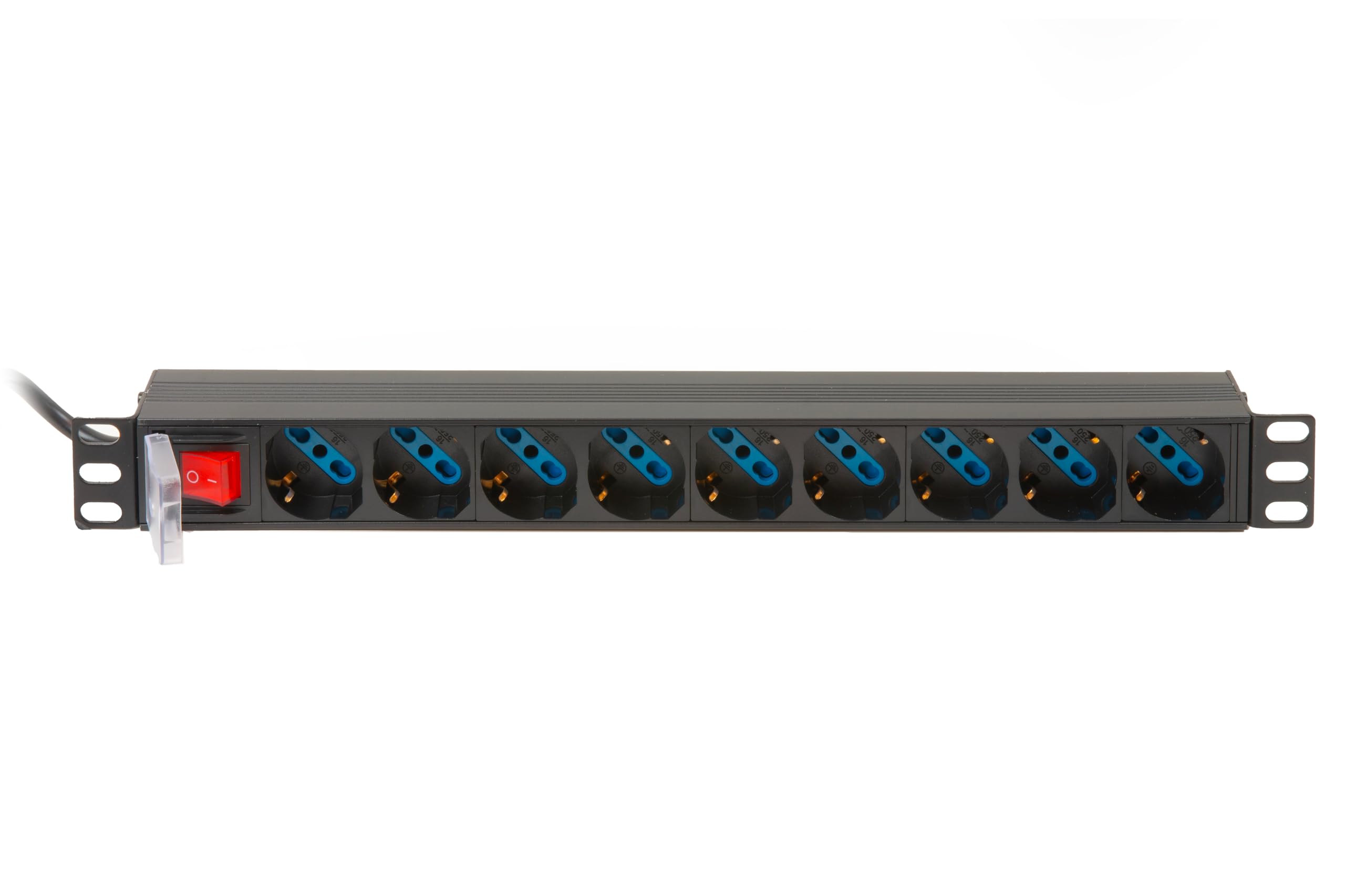 Link multipresa da rack 19" LK10053 con 9 prese universali con interruttore, spina ita. 16A sez. cavo 1,5mm lunghezza 1,75m metallo capacità 3,5KW dimensioni 48,5x4,5x4,5. Alette reversibili.