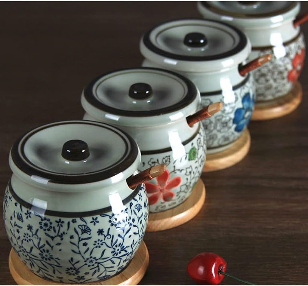10oz Ceramic Spice Jars Set - Kitchen Seasoning Containers with Tray & Spoon, Perfect for, Salt, and Spice Storage, Stylish Household Organizer (B)