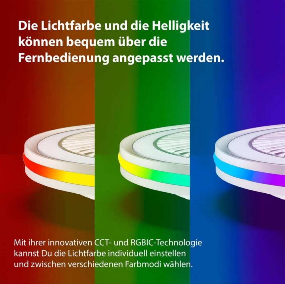 MeLiTec Deckenleuchte mit Ventilator DV06-1, Deckenlampe mit Ventilator, dimmbar, RGB-Lauflicht, natürlicher Wind, Timer und Nachtlicht, Fernbedienung, weiß