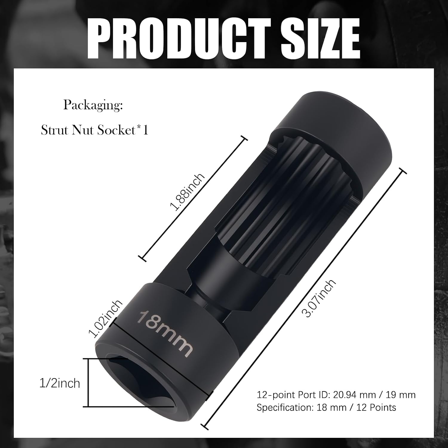 1/2" Drive 18mm Strut Nut Socket,12-Point Suspension Strut Socket for Shock Nut Dismantling,Professional Shock Absorber Sockets Automotive Tools for Most Vehicles Repair