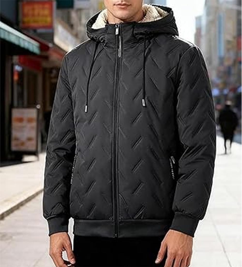 Men's Fleece Lined Full Zip Hoodie, Winter Windproof Thicken Thermal Sherpa Lined Quilted Jacket Comfort Cotton Coat