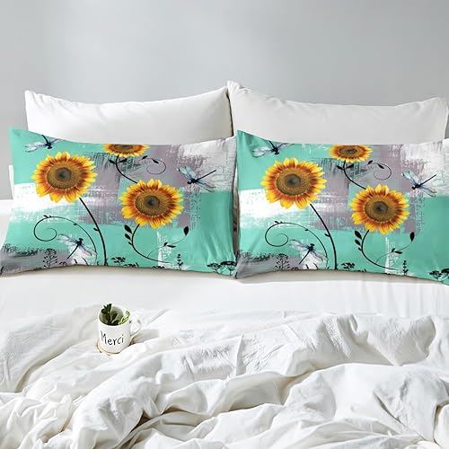 Miniatura 4 de Erosebridal Juego de ropa de cama de tamaño individual, diseño vintage de girasol amarillo, libélula rústica, botánica, turquesa, gris y blanco,