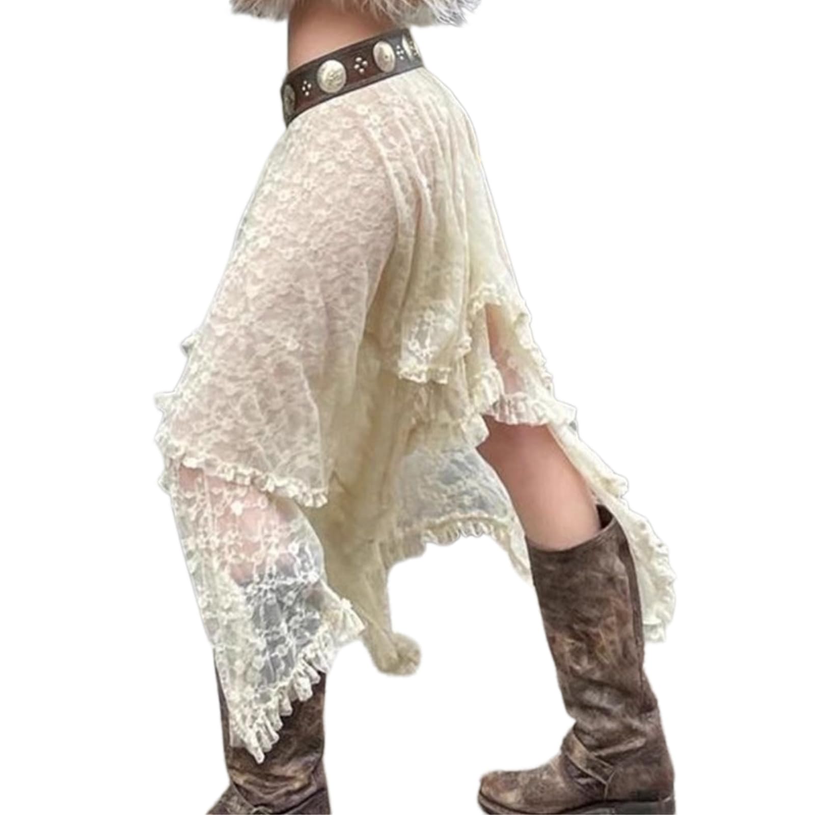 Abito Donna Pizzo Asimmetrica Midi Gonna Fairycore Boho Alta Vita Ruffle, Gonna-Beige-Waist Size 25 20" Skirt Length 31 50"
