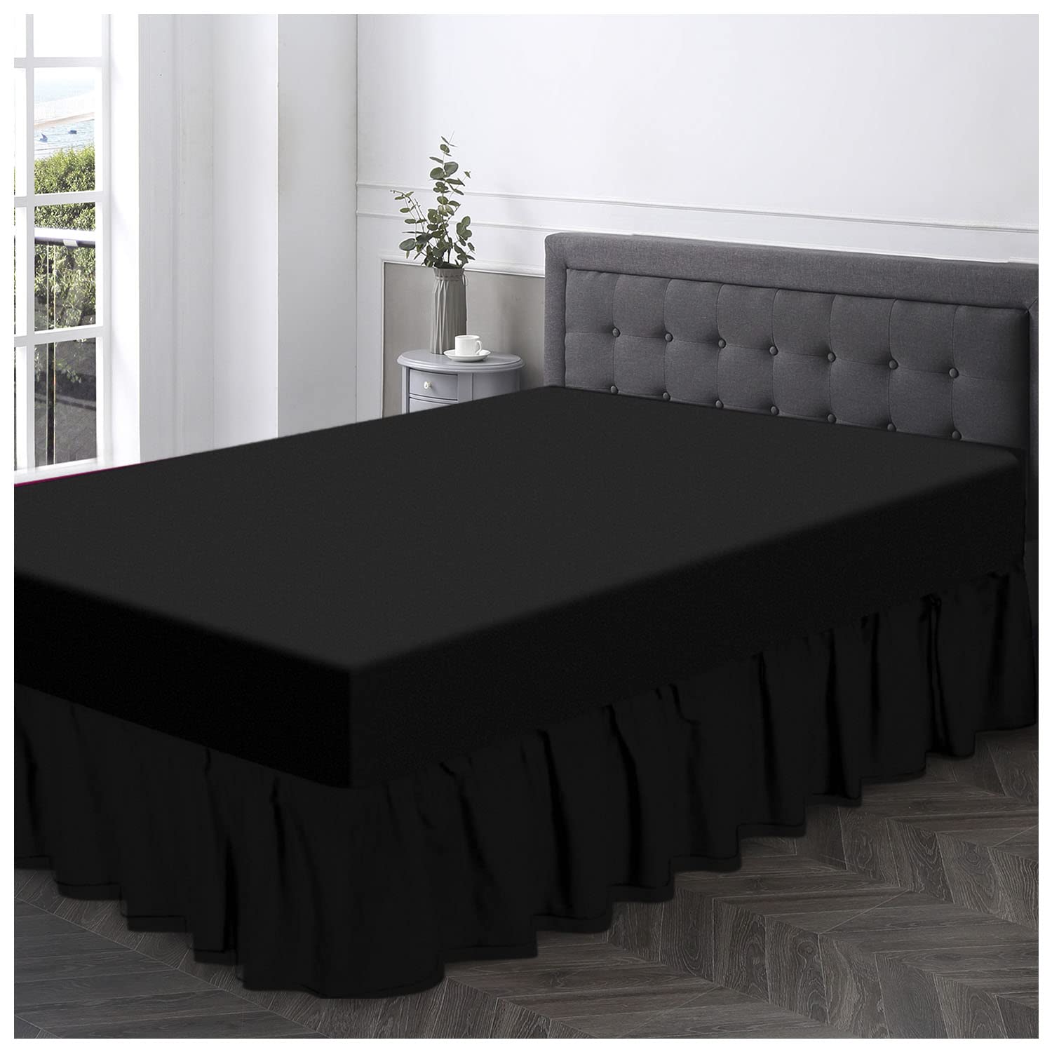 Gc Gaveno Cavailia Black Luxurious Valance Sheets King Size, Soft & Comfy Non Iron Polycotton Plain Bedsheet, Percale Frill Bedding,