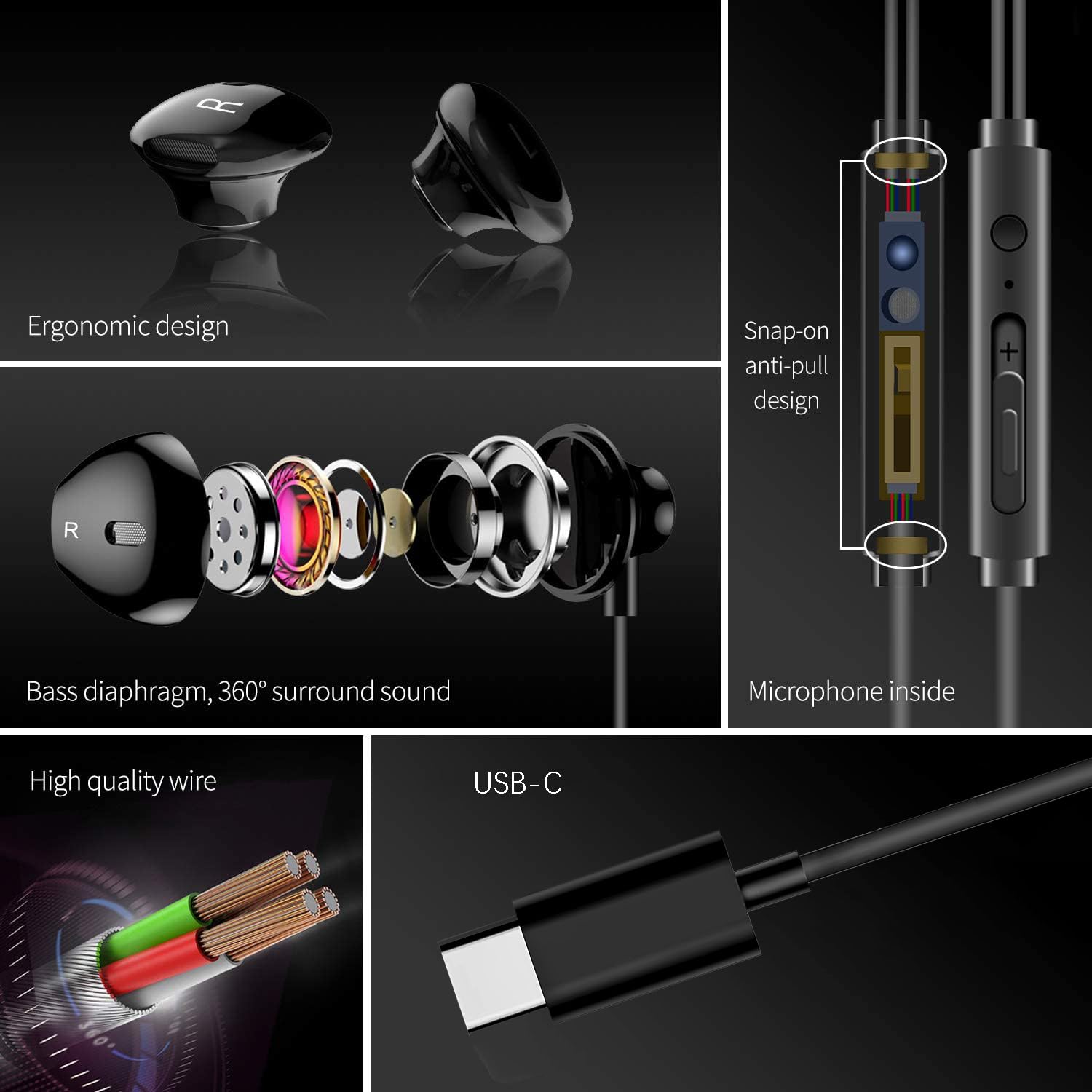 GAMURRY Auricolari, In-Ear Cuffie Con Filo USB C Jack, Stereo Bass Cuffiette Con Filo e Microfono, Suono Potente Guidato Dai Bassi Chiamate HD Nessun Rumore, Compatibile Con Computer, Tablet, MP3