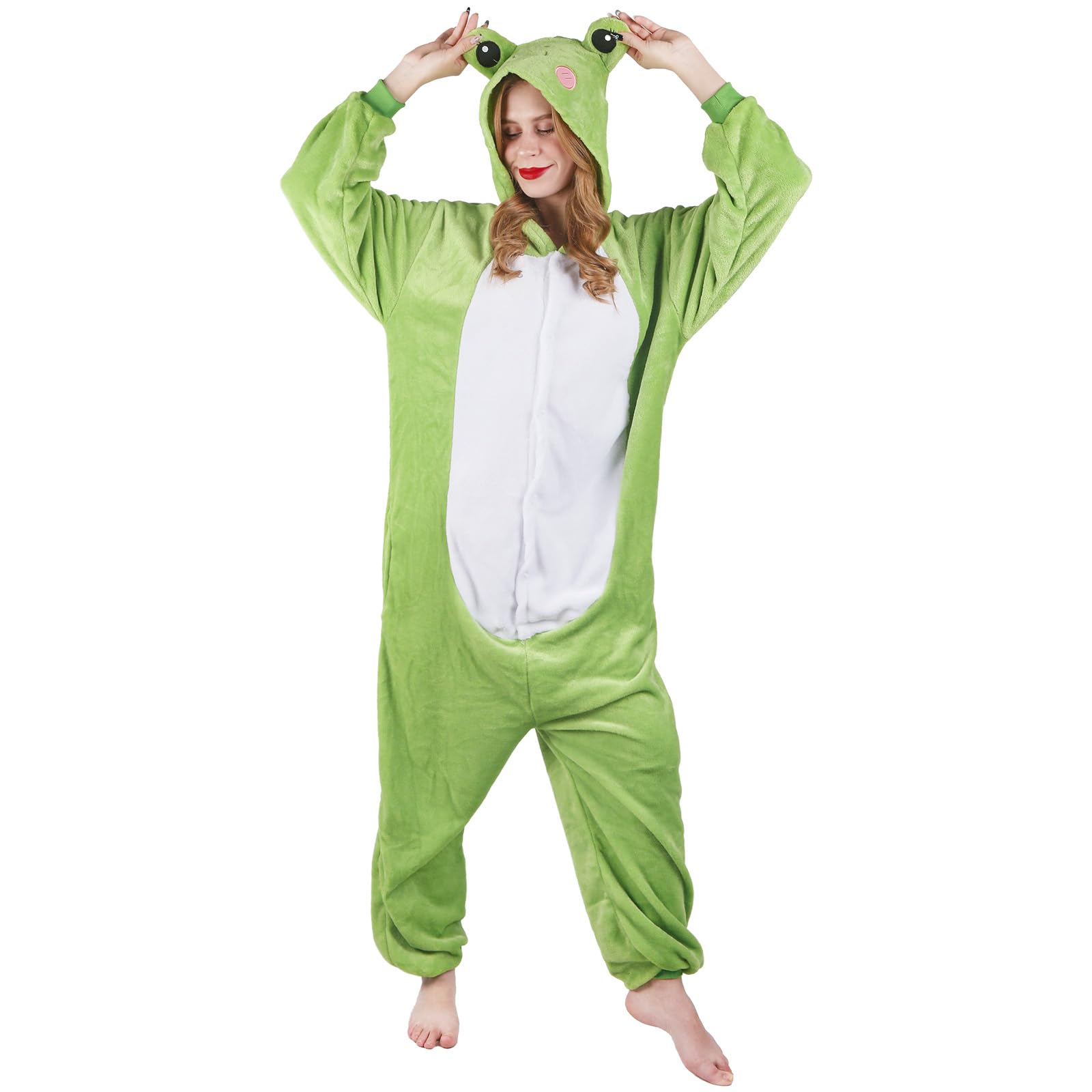 Costume de grenouille unisexe - Pyjama une pièce - Combinaison pour adulte - Avec capuche - Animal - Vêtements de nuit - En peluche - Pour homme et femme - Pour Halloween, carnaval, cosplay