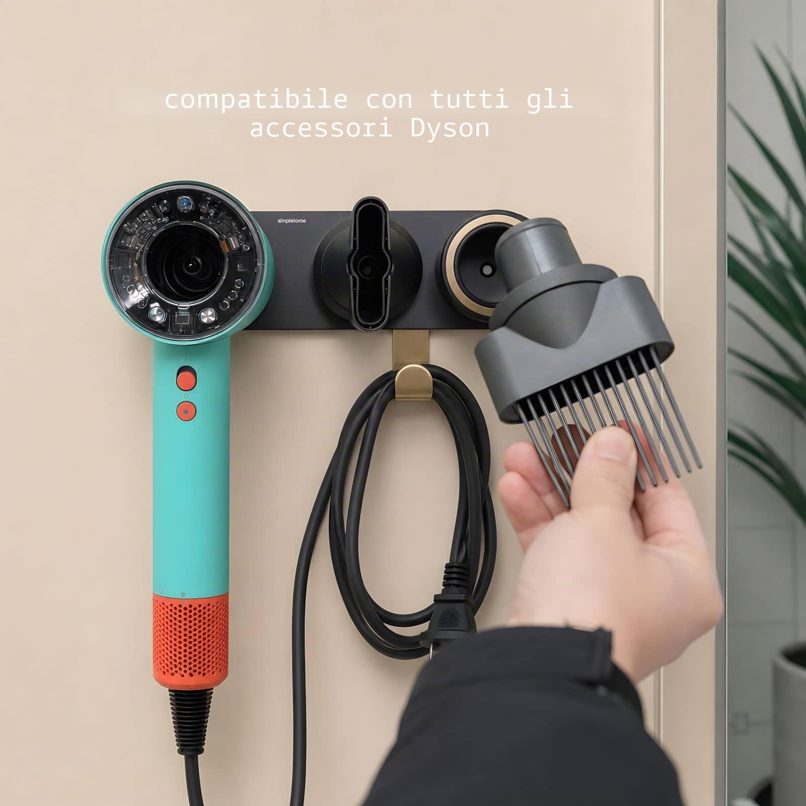 simpletome Supporto per Asciugacapelli da Muro per Tutti Magnetico Alta velocità Asciugatore per Capelli con Gancio Organizzatore del Cavo della Spina (Lega di Alluminio, Nero)