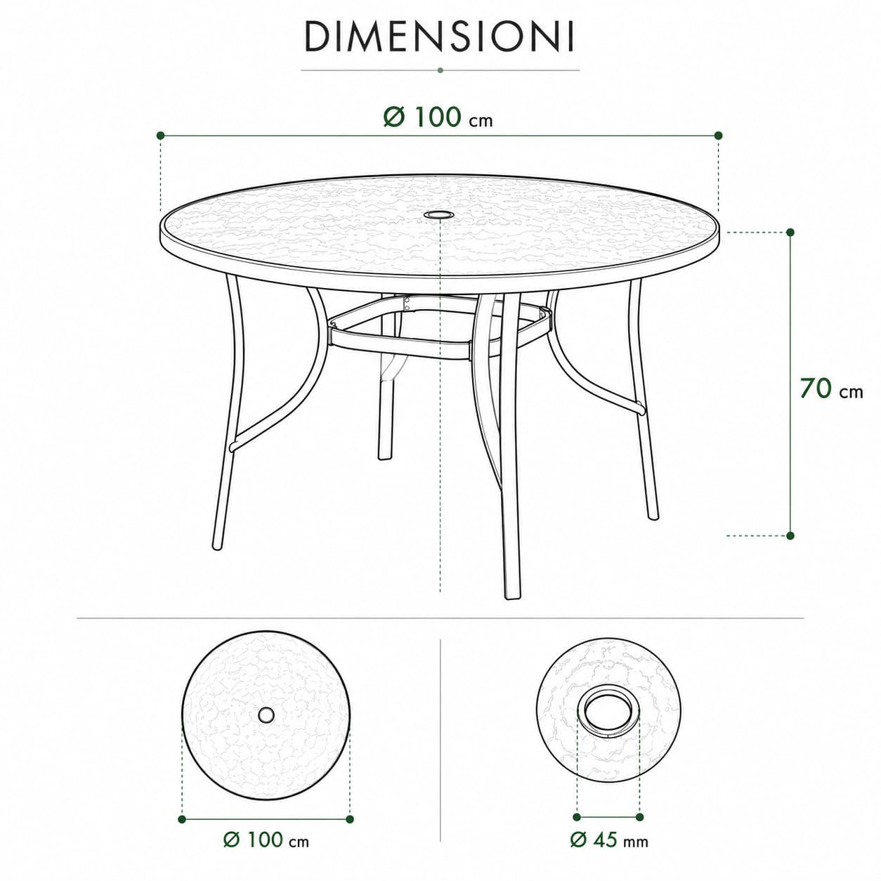 Tavolo Giardino Rotondo 100 cm con Foro Ombrellone e Vetro | Tavolo da esterno per 4 persone, ideale per giardino e terrazzo, piano in vetro, predisposto per ombrellone