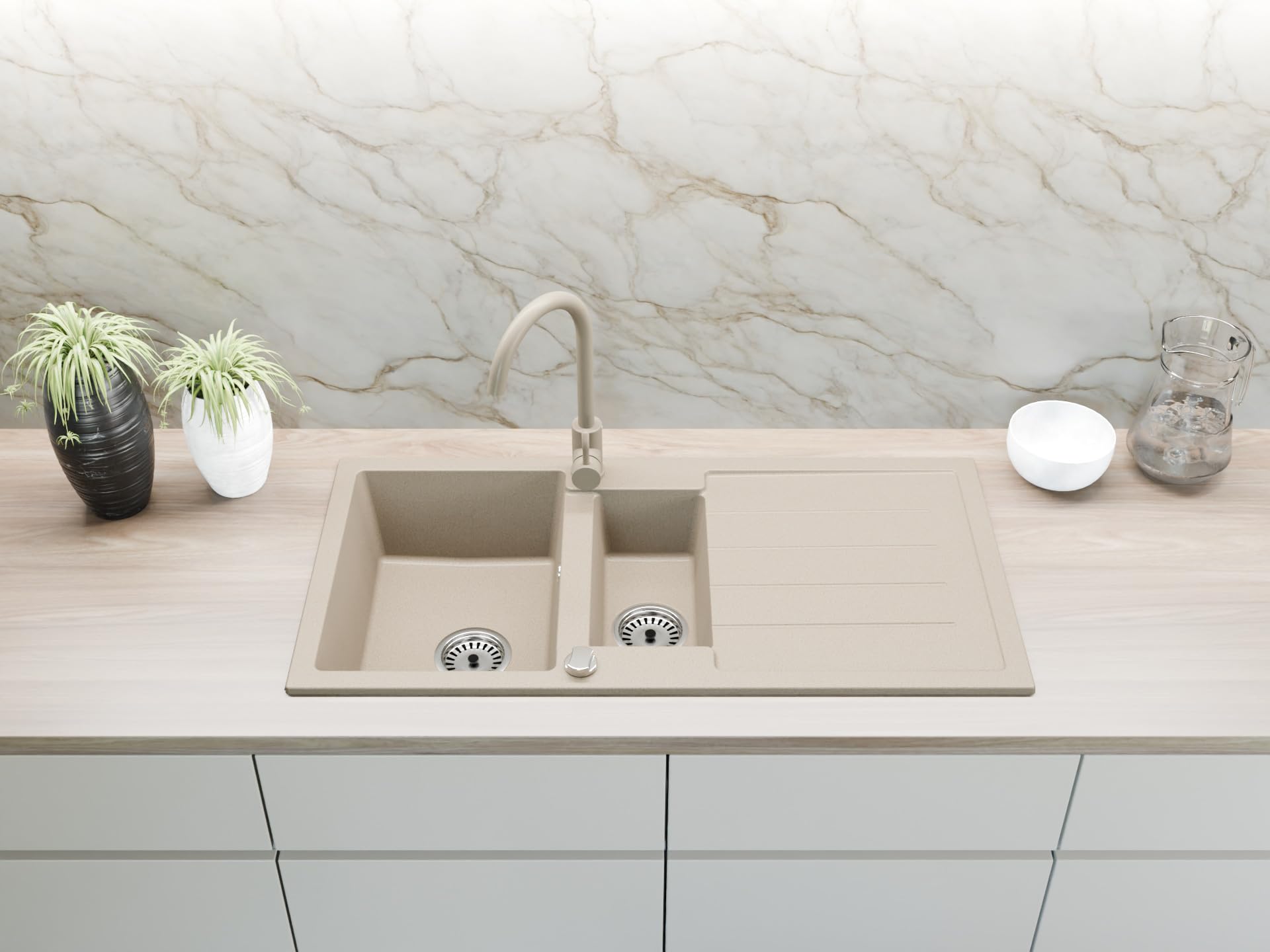 Faizee Home | Granitspüle 100x50 cm – Modell Napoli mit 2 Becken & Abtropffläche | Beidseitig montierbare Einbauspüle für Küche | Küchenspüle inkl. Armatur & Siphon-Set (Genial, Beige)