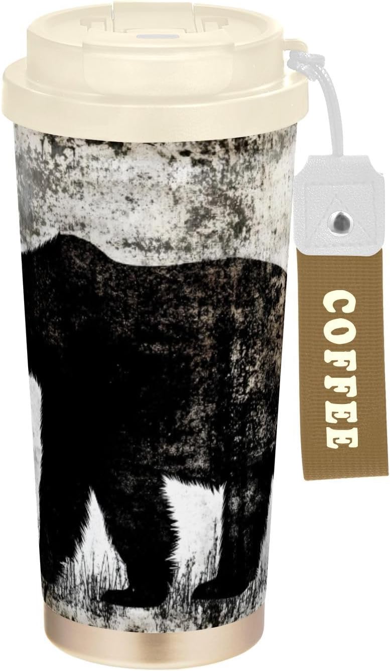 Vintage Bear Forest Insulated Coffee Mug with Straw & Flip Lid, 16.9oz Iced Tumbler Cup, Double Wall Vacuum Mug for Travel Office