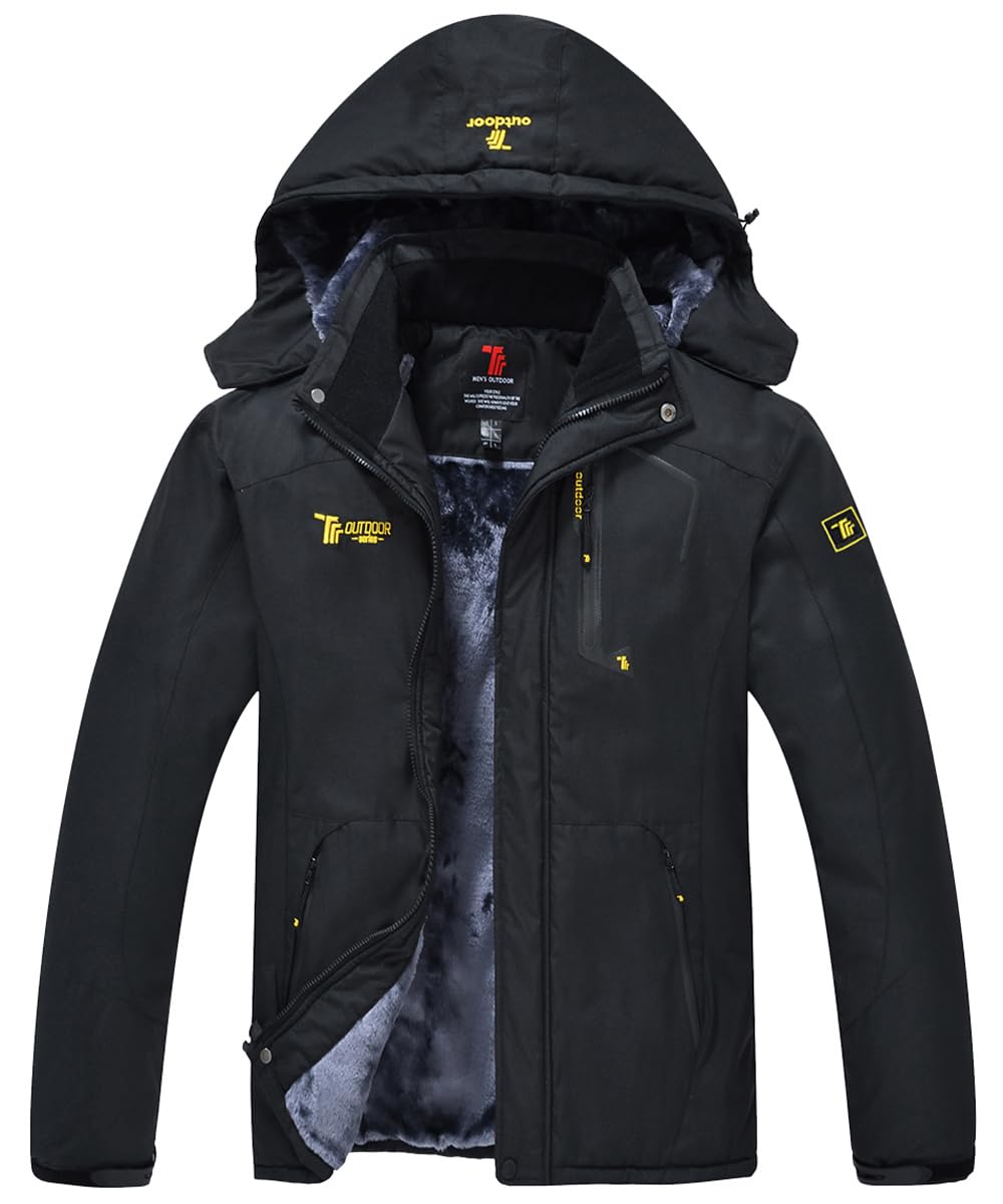donhobo Men's Fleece Jacket Winter Waterproof Warm Ski Jackets Windproof Coat with Zip Pockets Hood(Black,XL)