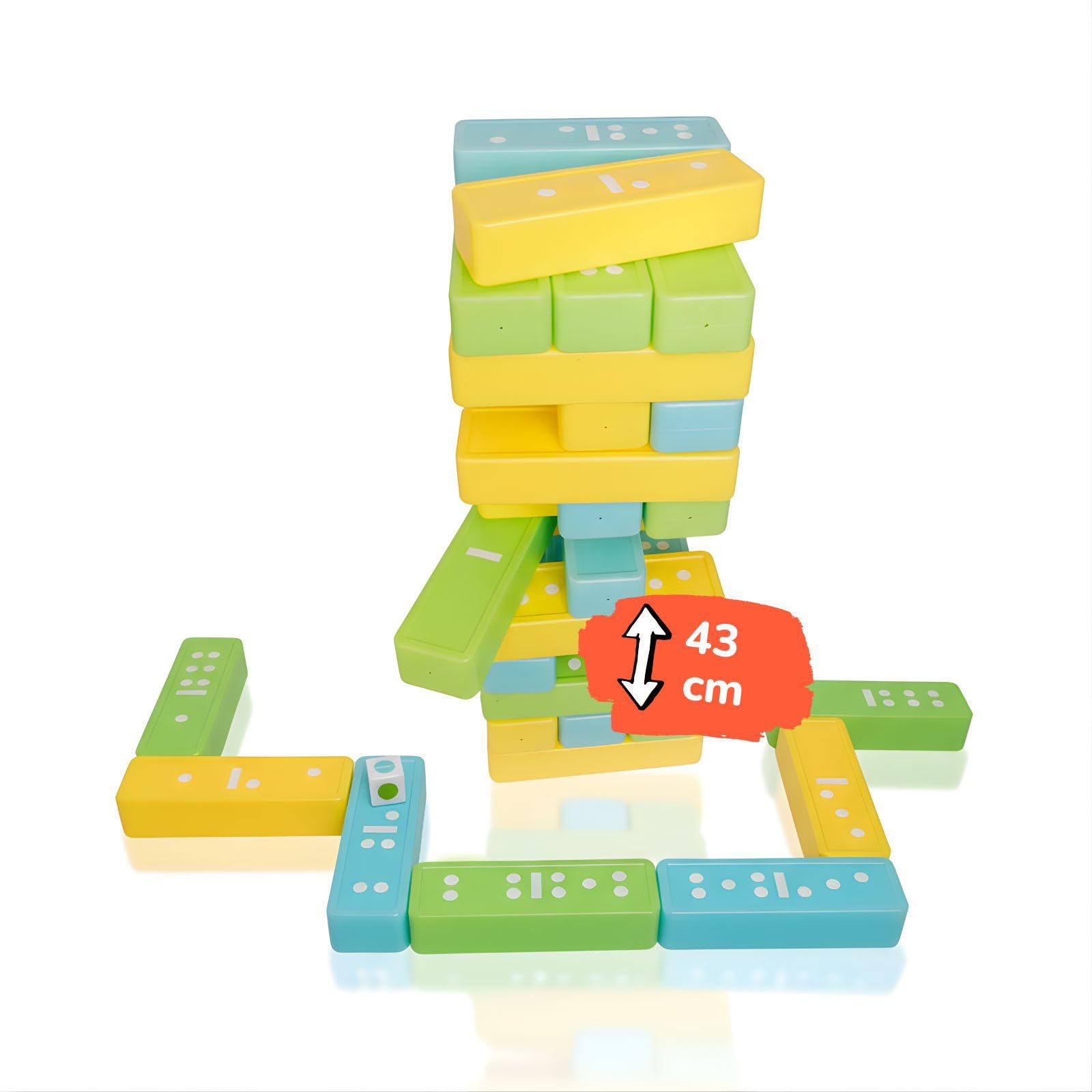 alldoro 60065 XXL Wackelturm & Domino 2 in 1, Geschicklichkeitsspiel im Jumbo-Format, 30 bunte Bausteine, inkl. Farbwürfel & Tasche, indoor & outdoor