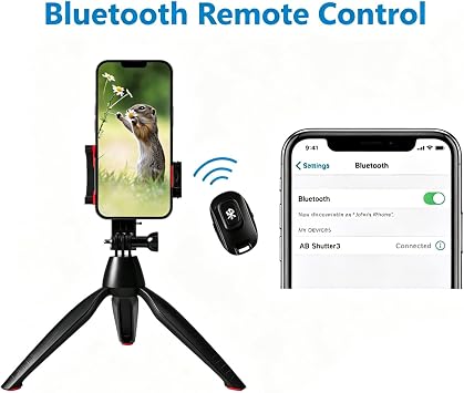 Mini Phone Tripod with Bluetooth Remote, Portable Tabletop Tripod, Handheld Grip for iPhone, Android, GoPro & Small DSLR, Ideal for Vlogging, Live Streaming & Photography