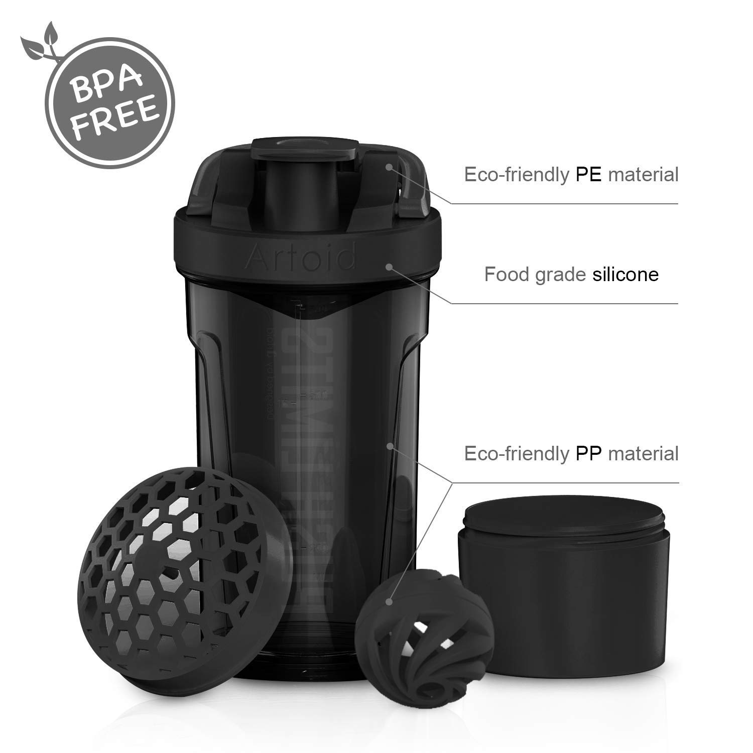 Artoid Mode Czarny Szary 720ml sportowa butelka do ćwiczeń fitness proteinowych z 200ml pudełkiem do przechowywania białek Twist and Lock, wolna od BPA