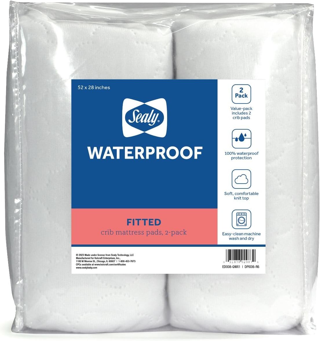 2-PACK Fitted Waterproof Infant Crib Mattress Protector Pad and Toddler Bed Cover, Durable and Comfortable Topper, Machine Washable and Dryer Friendly, 52x28”- White