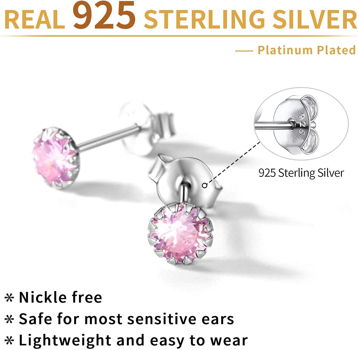 925 Sterling Silver Birthstone Earrings For Women October Pink Gemstone Jewelry Earrings Studs, 10. October - Tourmaline - Image 4