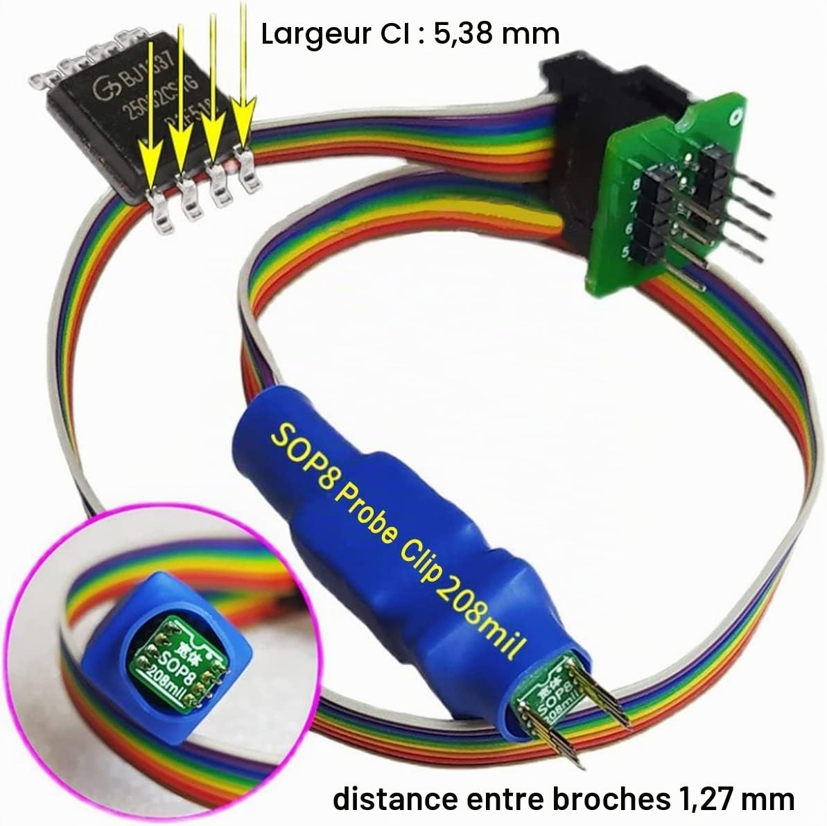 SOIC8 SOP8 Test Clip Probe Line 208mil pour EEPROM 93CXX/25CXX/24CXX Circuit Chip IC Programming on USB Programmer TL866 T48 RT809F RT809H