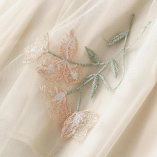 Women's Floral Embroidered Tulle Skirt Elastic High Waist Mesh Tutu A-Line Embroidery Midi Long Skirts (Beige)