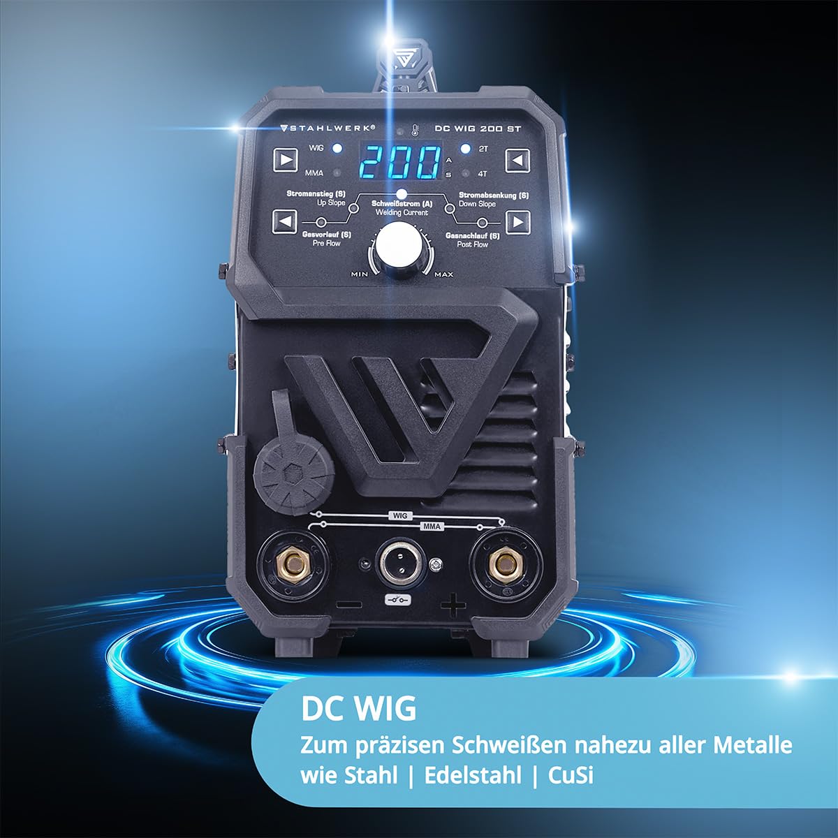 STAHLWERK Schweißgerät 2-in-1 Kombi DC WIG 200 ST – Vollausstattung – WIG & MMA-Funktion (E-Hand/ARC) bis 200A, HF-Zündung, Hotstart, Anti-Stick, Stahl, Edelstahl, Kupfer, Messing, kein Alu