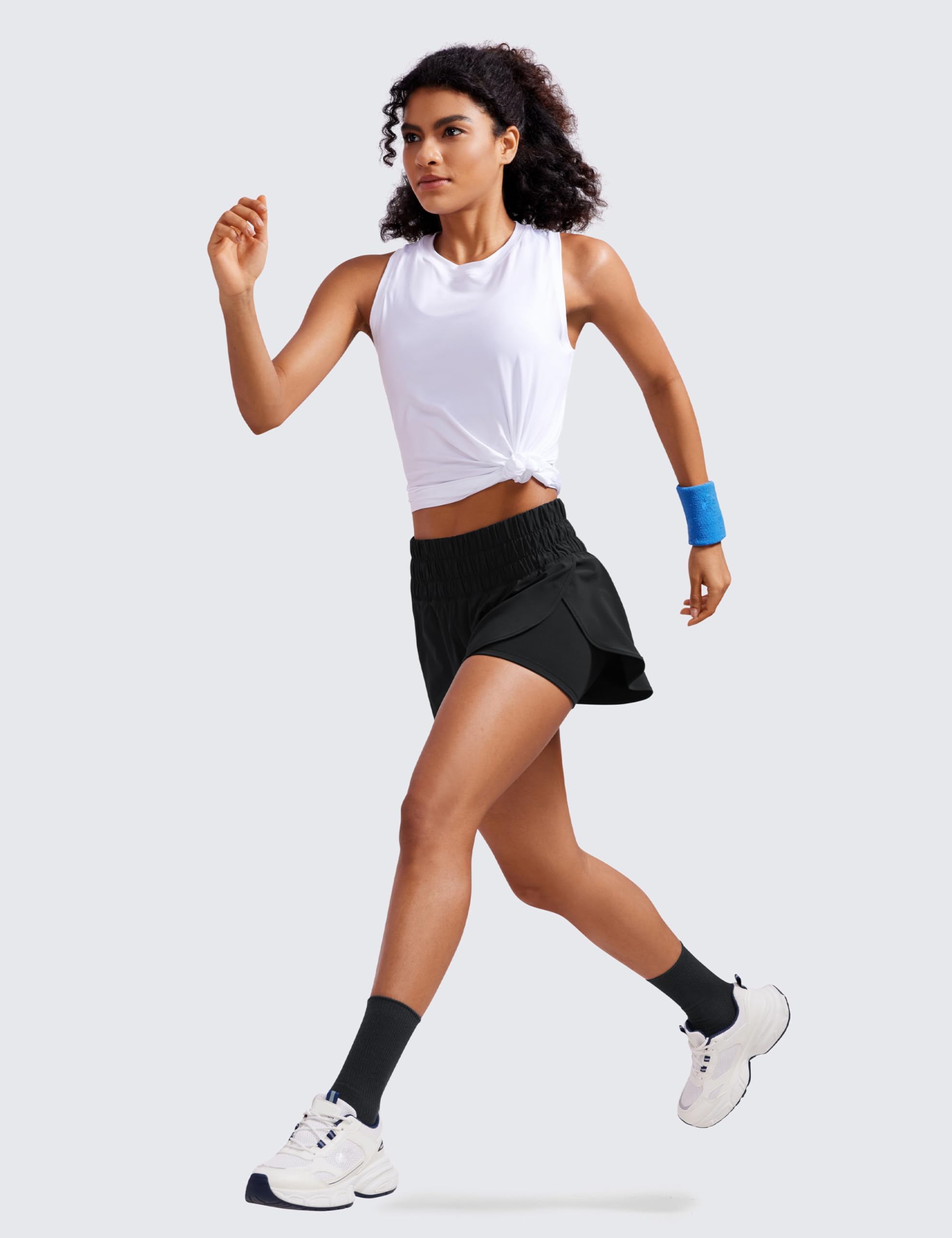 CRZ YOGA Damen 2 in 1 Running Shorts High Waist Schnelltrocknend Atmungsaktiv Sporthose Laufhose Laufshorts mit Tasche