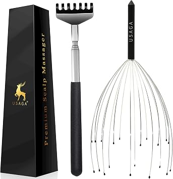 USAGA 20 Fingers Head Massager Scalp Massager Head Scratcher Extendable Back Scratcher for Head Body Relaxing Black