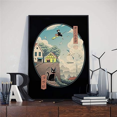 Amazon Co Jp 和風アニメポスター浮世絵プリントノスタルジア家の装飾猫の絵北欧ヴィンテージウォールアートパネルキャンバスプリント漫画画像40x60cmフレームなし ホーム キッチン