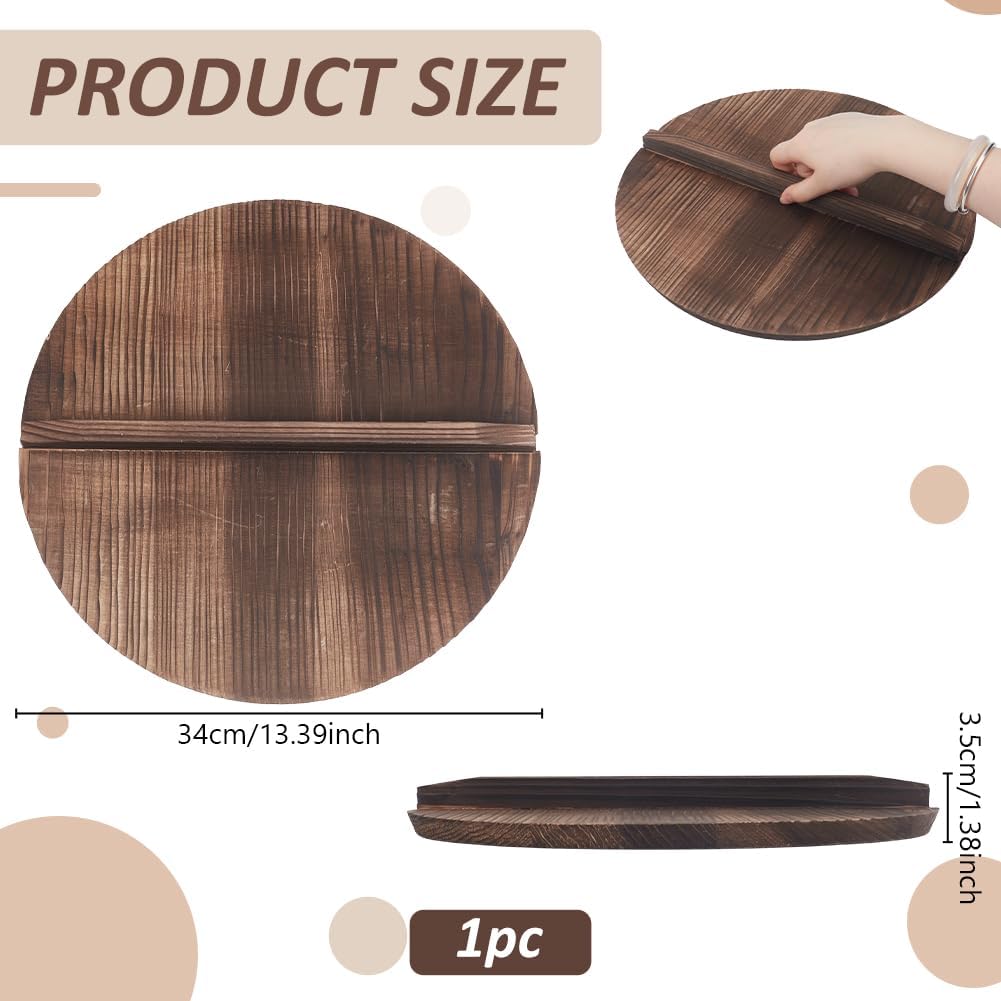 AHANDMAKER Wooden Wok Lid, 13.39 Inch Natural Wood Lightweight Wok Cover with Handle for Cast Iron Pan Flat Round Protective Replacement Pot Cover for Kitchen Camping Picnic Cooking